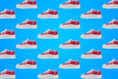 Collage of classic old school red sneakers on light blue background