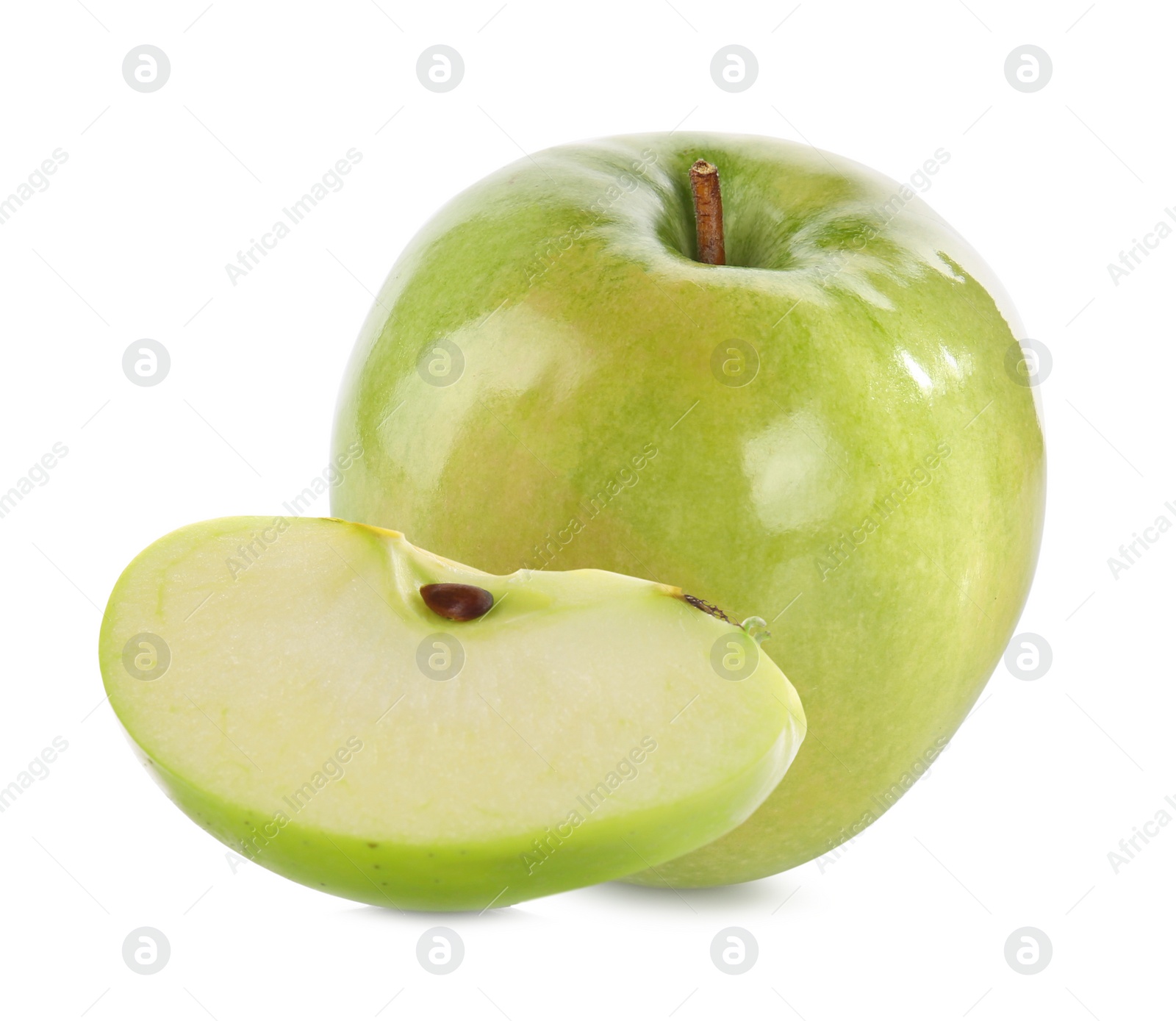 Image of Cut and whole green apples on white background