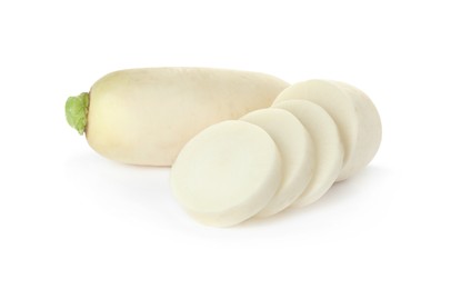 Whole and cut fresh ripe turnips on white background