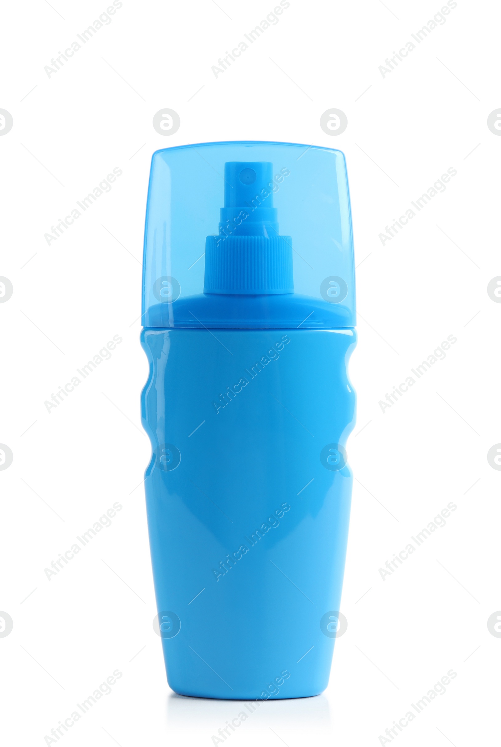 Photo of Bottle with sun protection body cream on white background