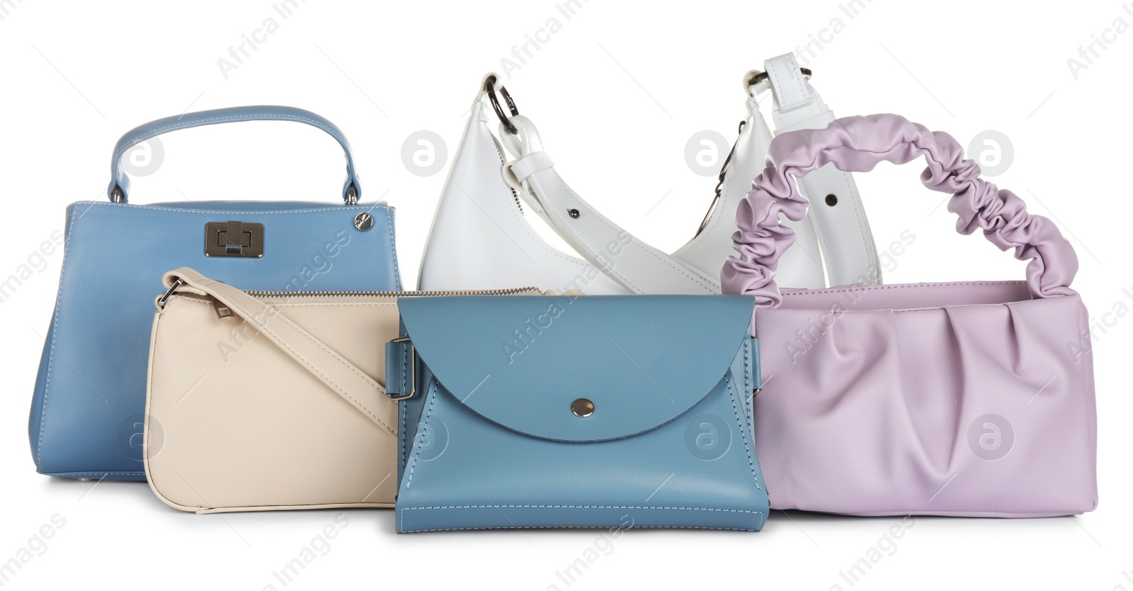 Photo of Collection of different stylish women's bags on white background
