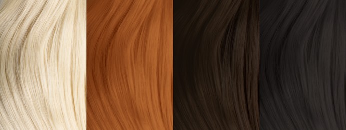 Image of Collage of color hair samples, closeup. Banner design