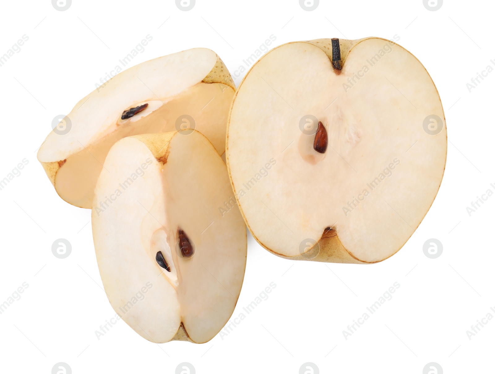 Photo of Fresh cut apple pear isolated on white, top view