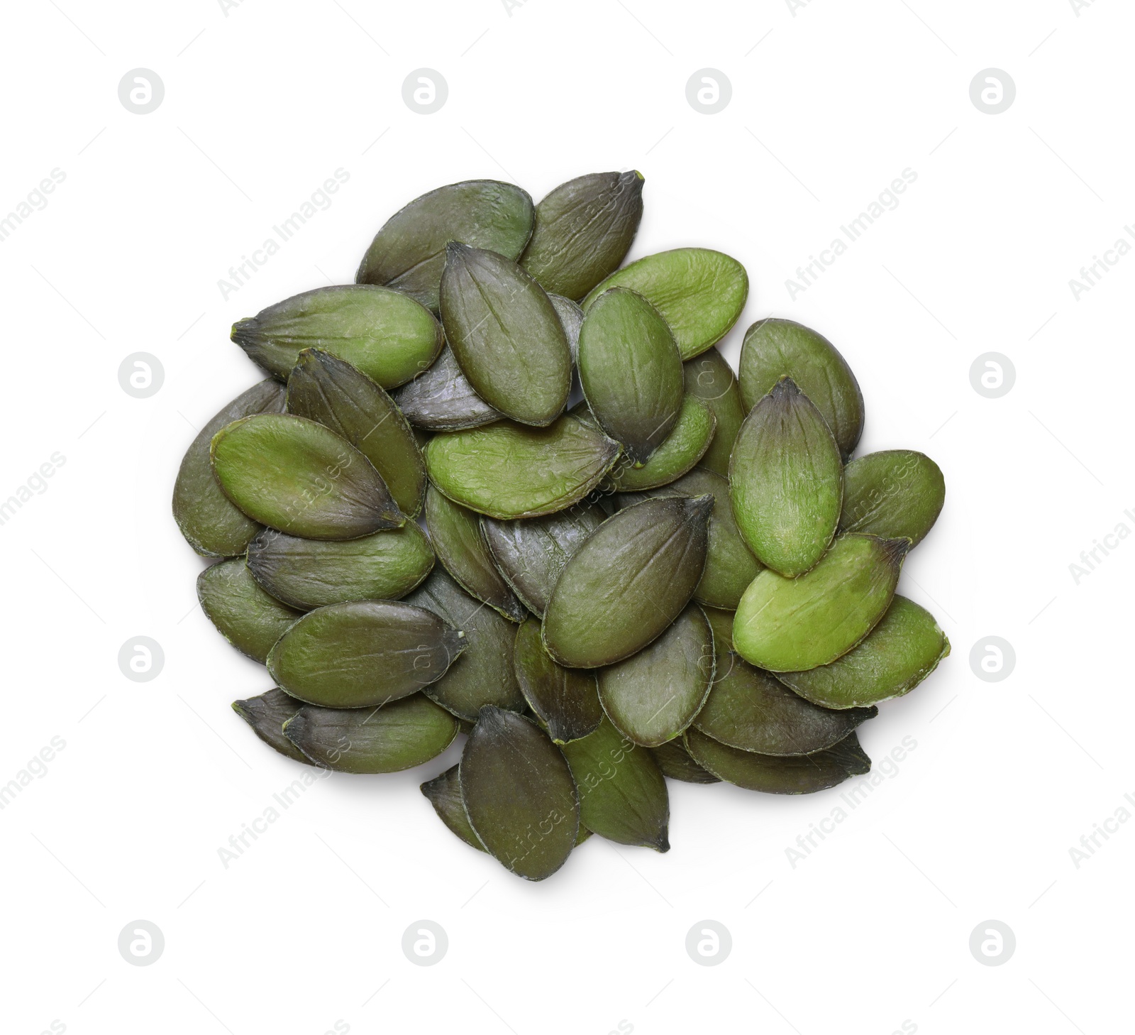 Photo of Heap of pumpkin seeds isolated on white, top view