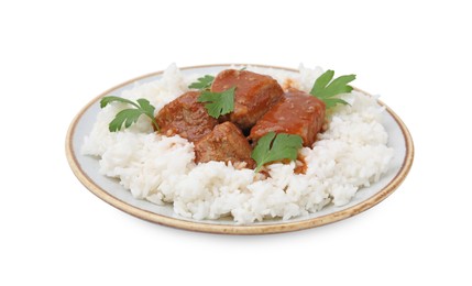 Delicious goulash with rice isolated on white