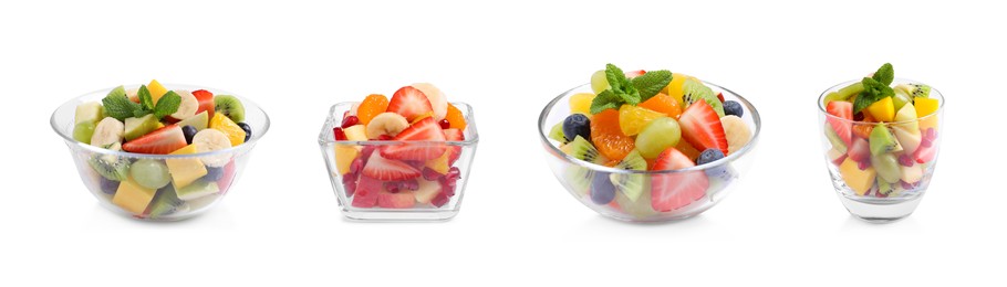 Fruit salad, collection. Mixed fresh berries and fruits isolated on white