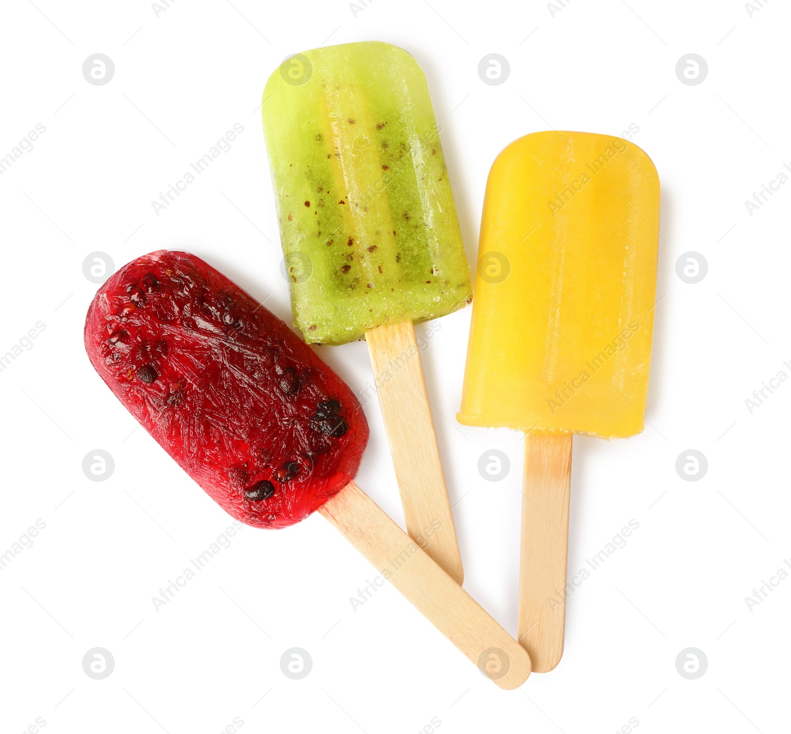 Photo of Delicious ice pops on white background, top view. Fruit popsicle