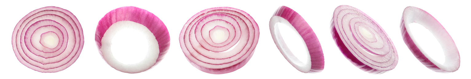 Image of Onion slices on white background, banner design 