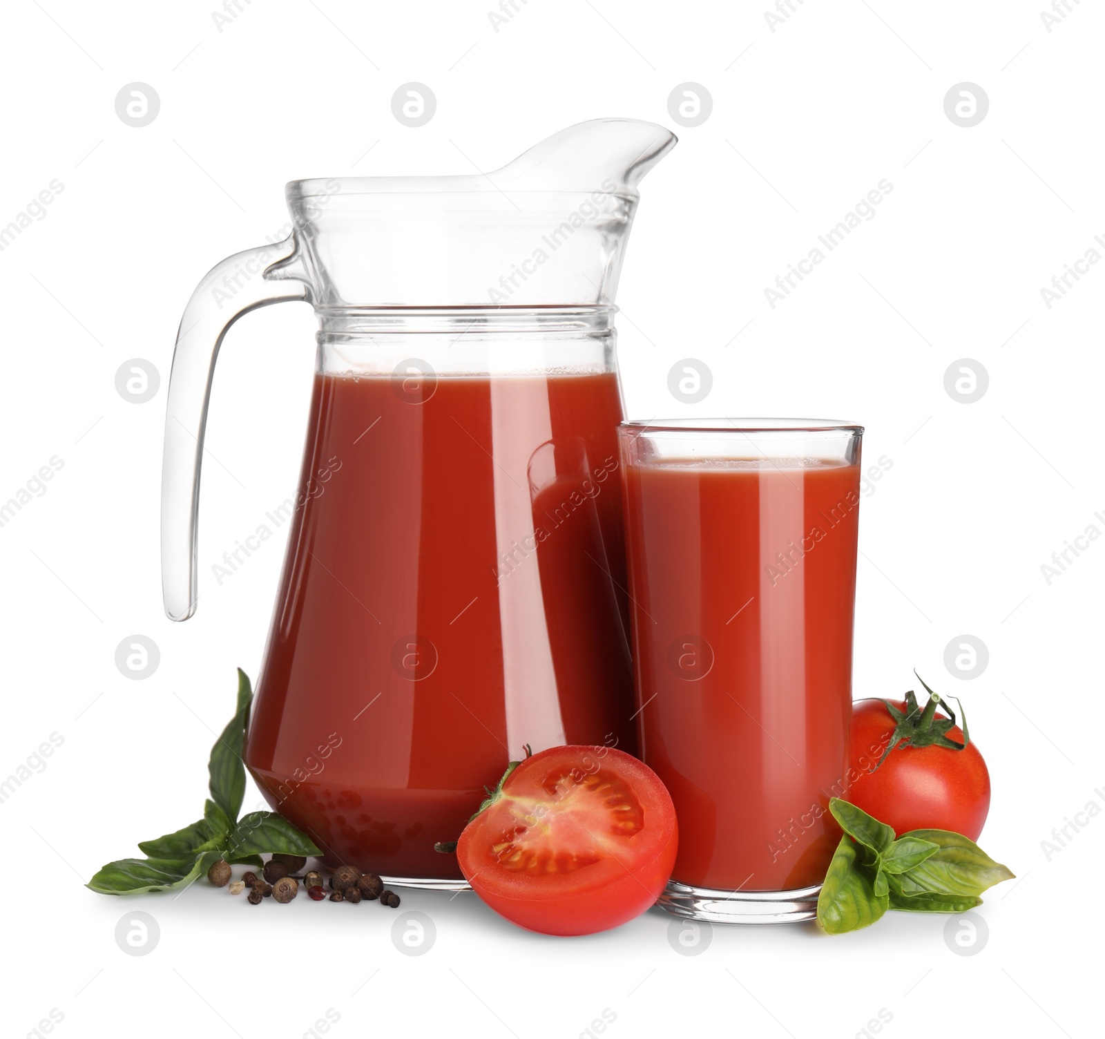 Photo of Tasty tomato juice, fresh vegetables and spices isolated on white