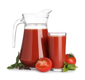 Photo of Tasty tomato juice, fresh vegetables and spices isolated on white