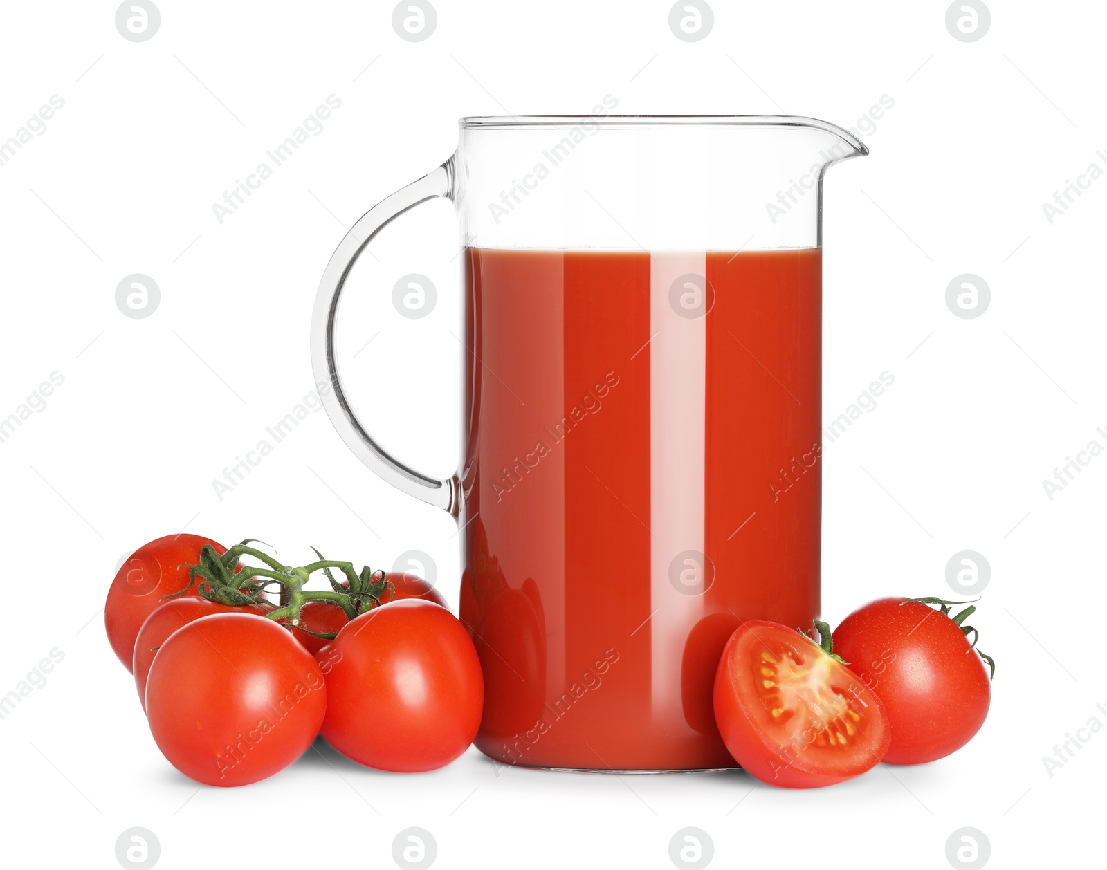 Photo of Tasty tomato juice in glass jug and fresh vegetables isolated on white