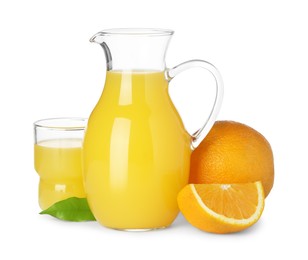 Photo of Tasty orange juice, fresh fruits and green leaf isolated on white