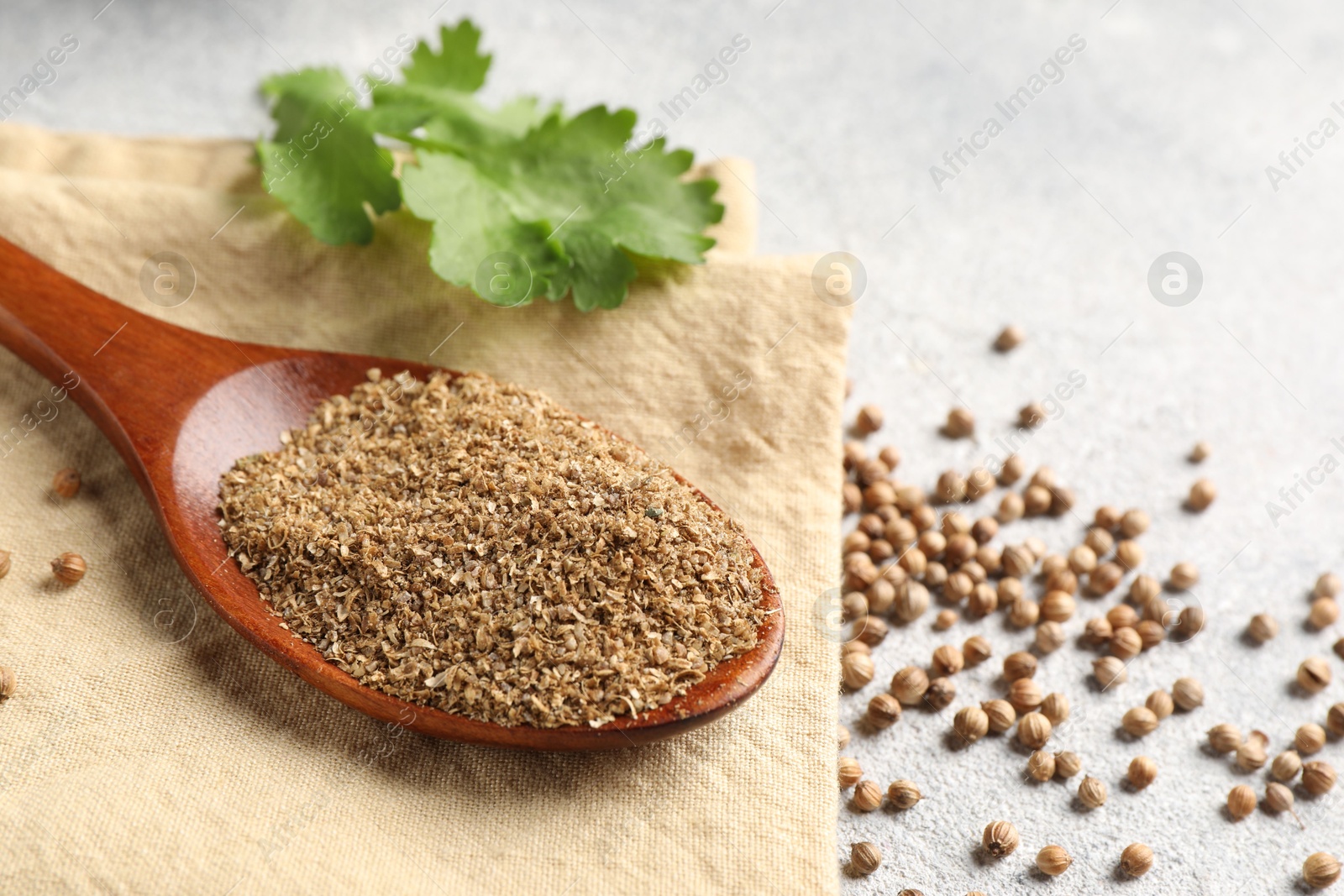 Photo of Coriander powder in spoon, seeds and green leaves on light grey table, closeup