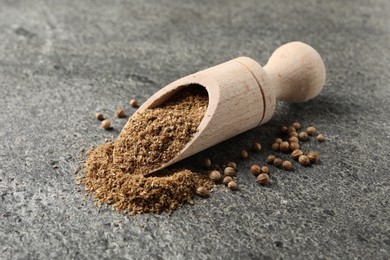 Photo of Coriander powder in scoop and seeds on grey table