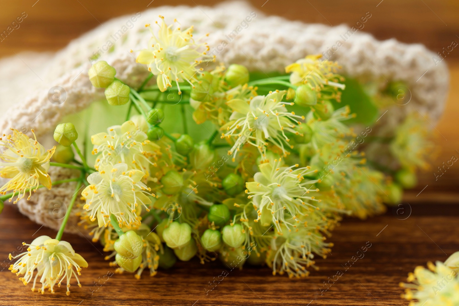 Photo of Fresh linden leaves and flowers on wooden table, closeup