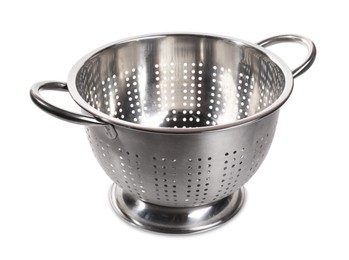 Photo of One metal colander with handles on white background
