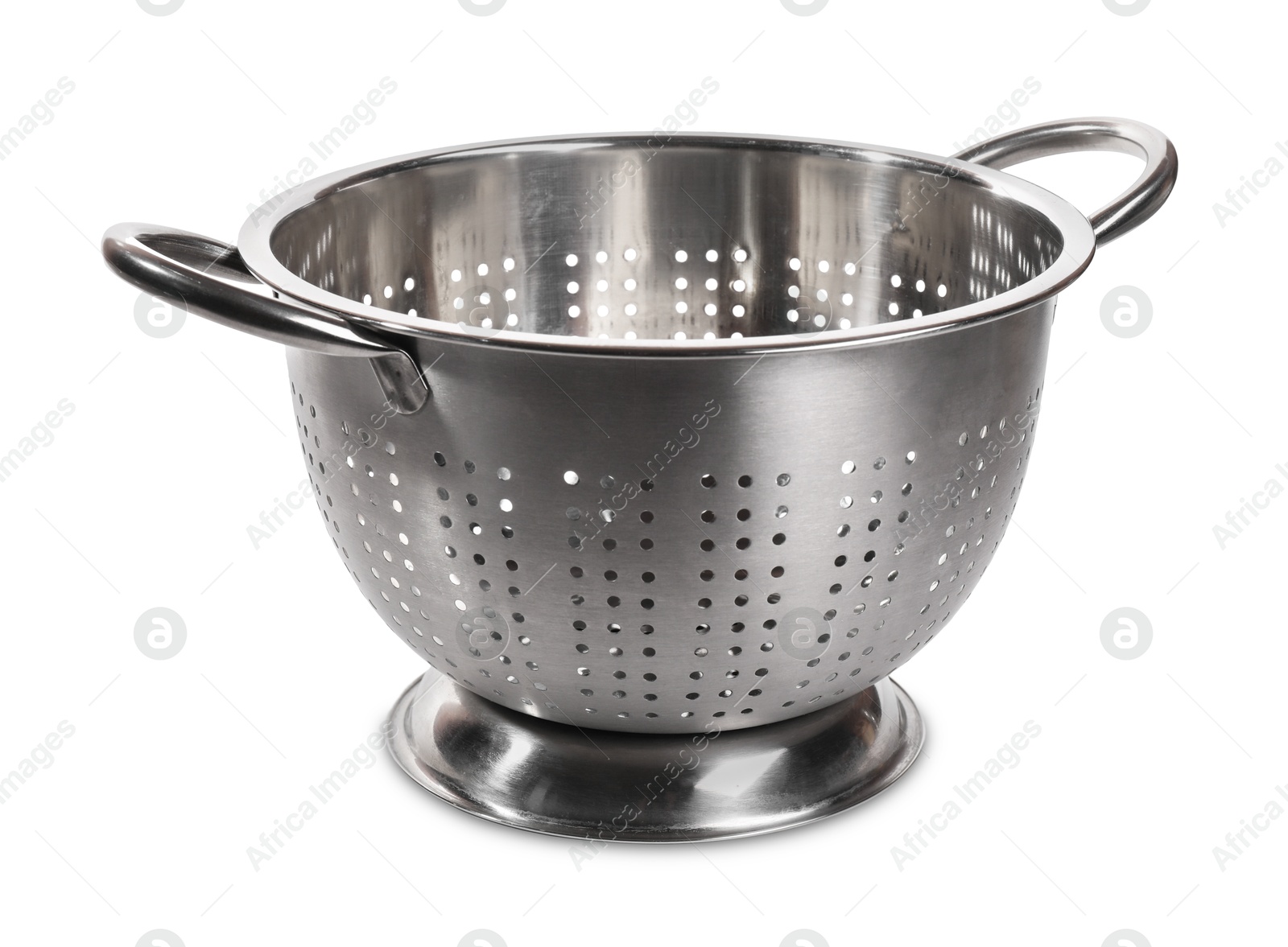 Photo of One metal colander with handles on white background