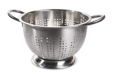 One metal colander with handles on white background