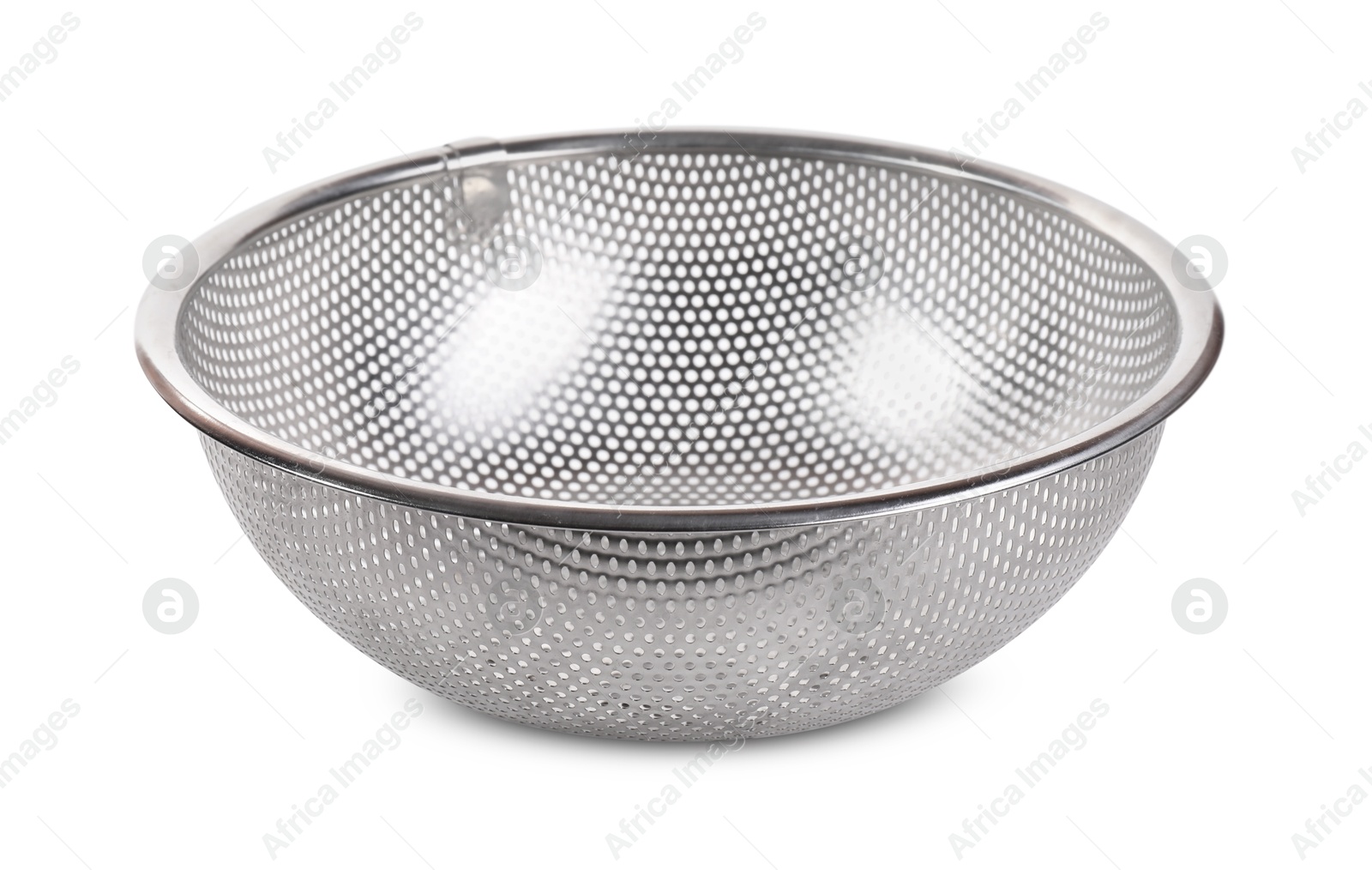 Photo of One metal sieve on white background. Kitchen utensil