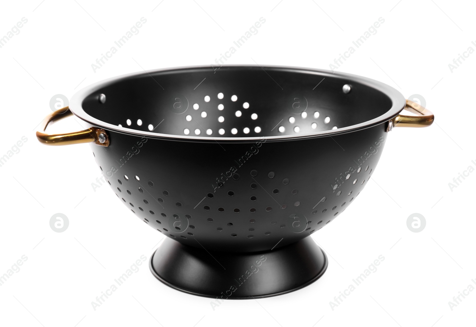 Photo of One black colander with handles on white background