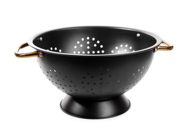 One black colander with handles on white background