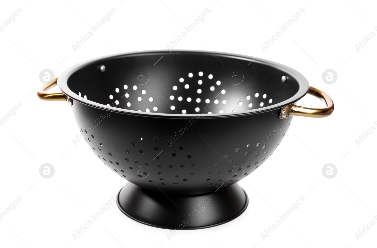 Photo of One black colander with handles on white background