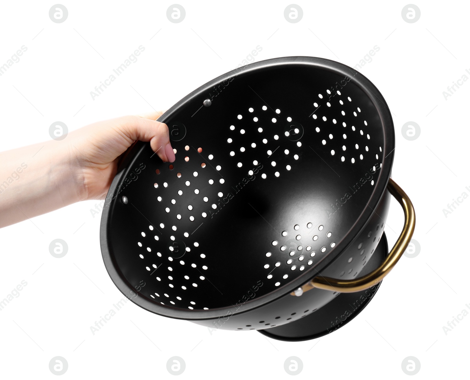 Photo of Woman with black colander on white background, closeup