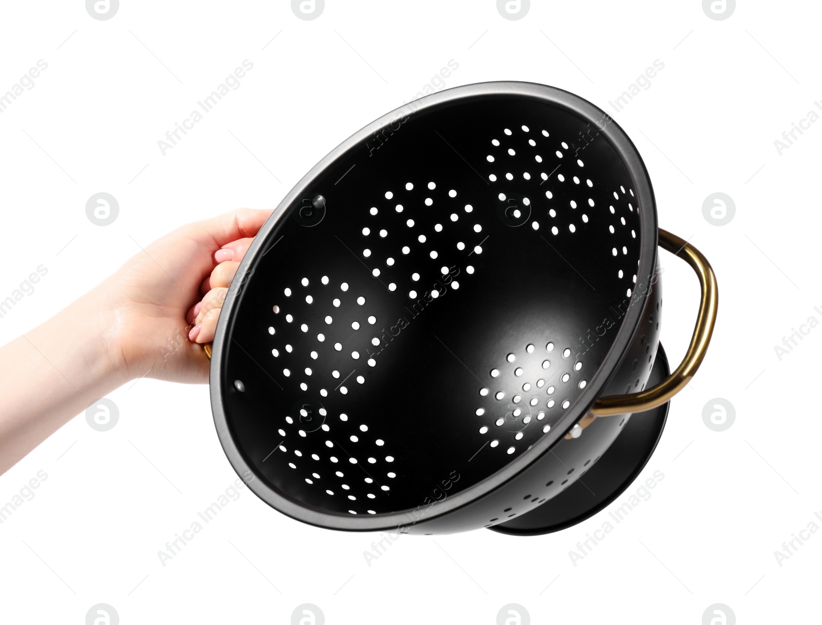 Photo of Woman with black colander on white background, closeup