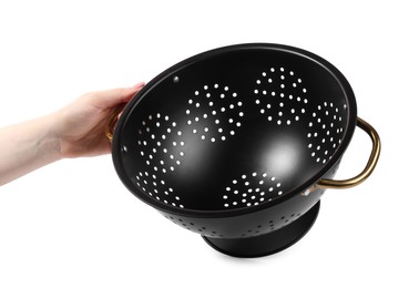 Woman with black colander on white background, closeup