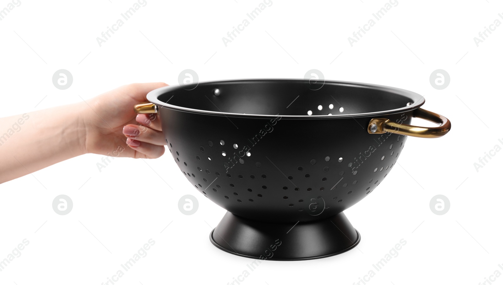 Photo of Woman with black colander on white background, closeup