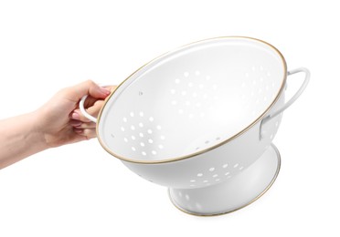 Photo of Woman with colander on white background, closeup