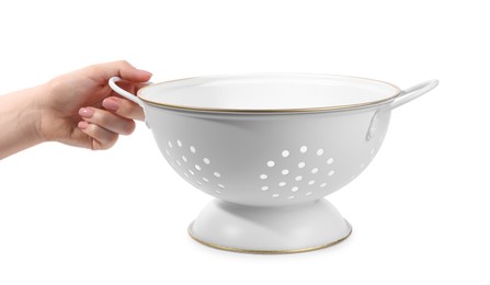 Woman with colander on white background, closeup