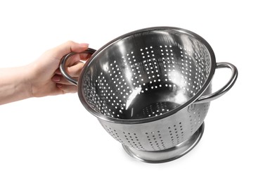 Photo of Woman with metal colander on white background, closeup