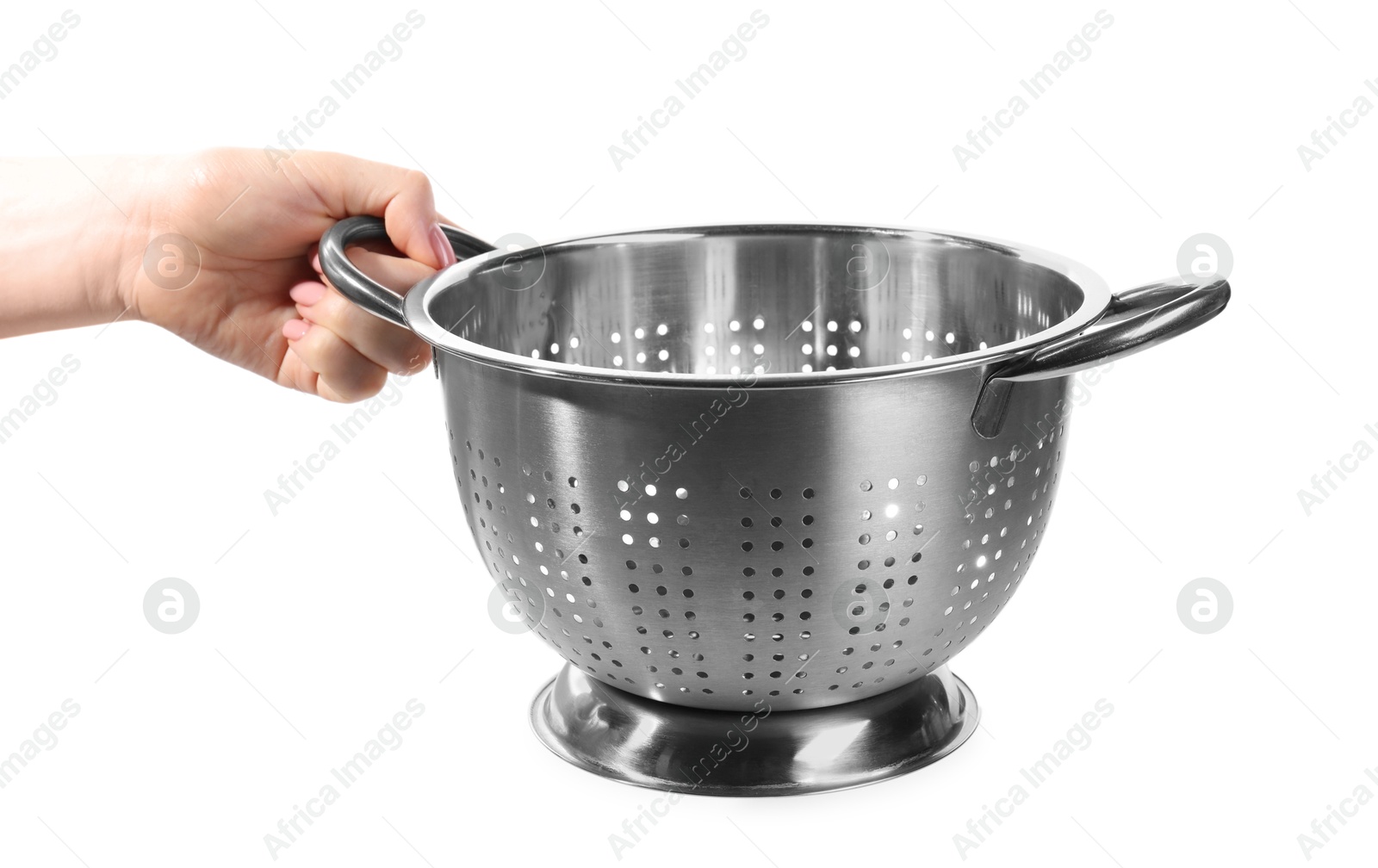 Photo of Woman with metal colander on white background, closeup