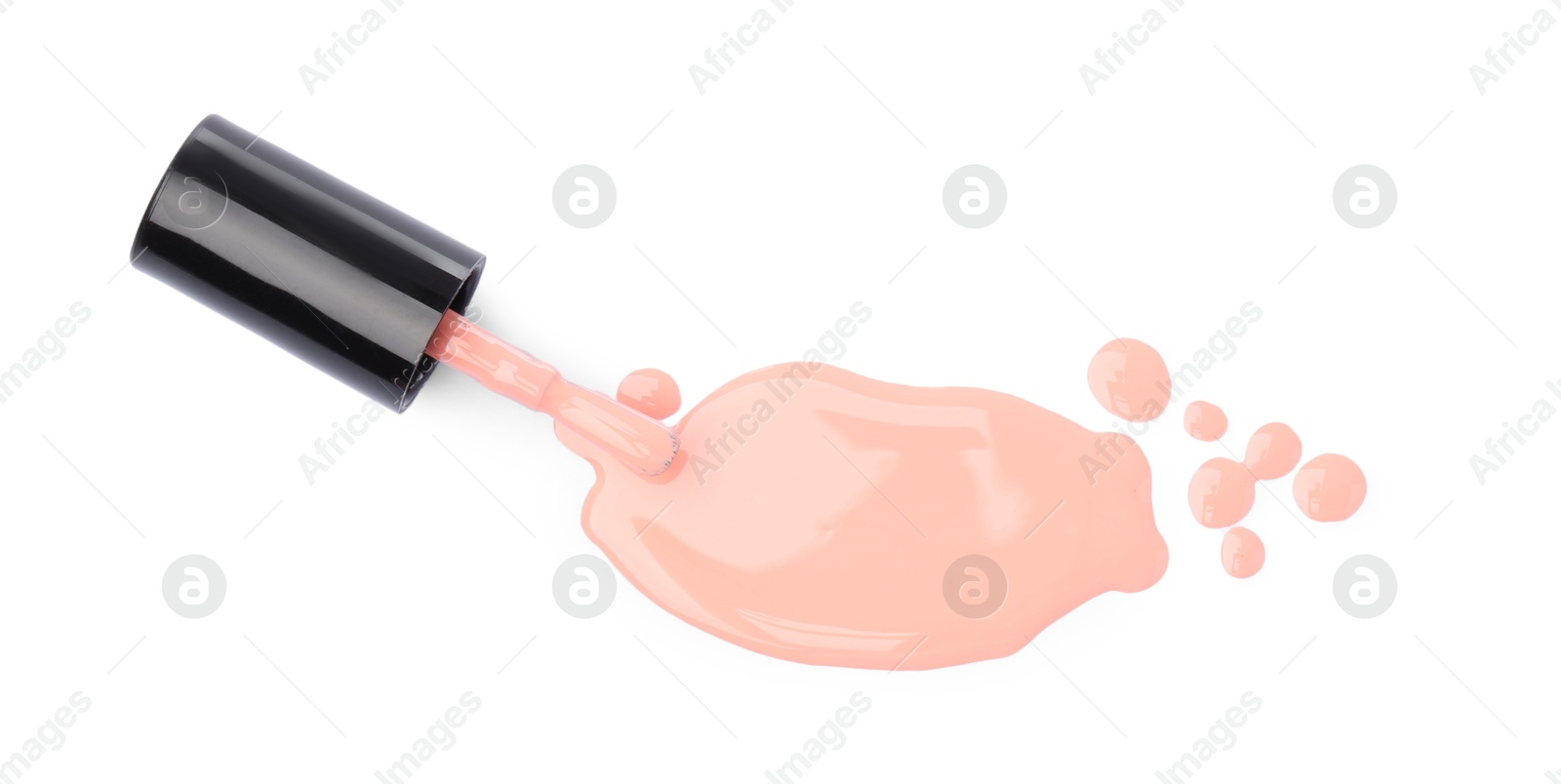 Photo of Coral nail polish and brush isolated on white, top view