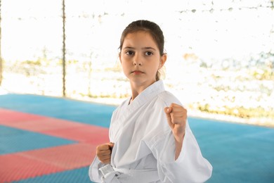 Photo of Girl in kimono practicing karate on tatami outdoors