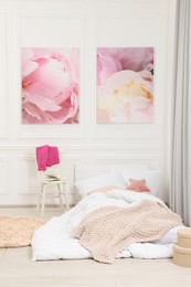 Cute child's room interior with swing and beautiful pictures of on wall