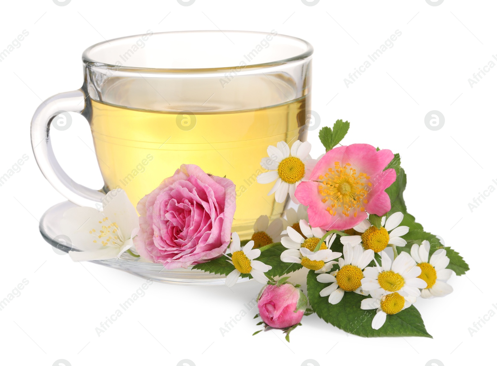 Photo of Aromatic herbal tea in glass cup and flowers isolated on white