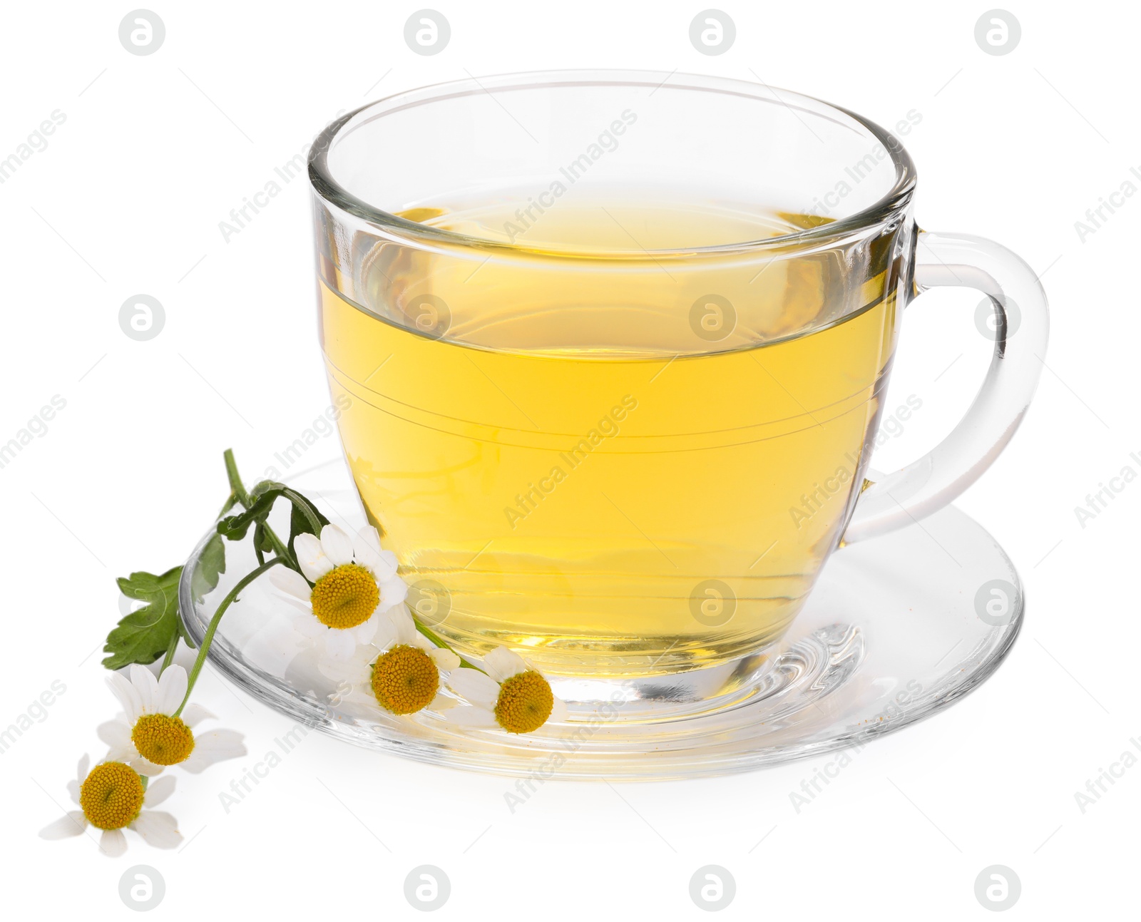 Photo of Aromatic herbal tea in glass cup and chamomiles isolated on white