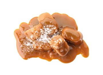 Yummy candies with caramel sauce and sea salt isolated on white, top view