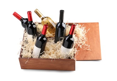 Wooden gift box with wine bottles isolated on white
