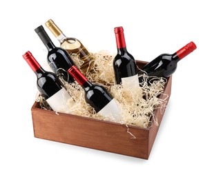 Wooden gift box with wine bottles isolated on white