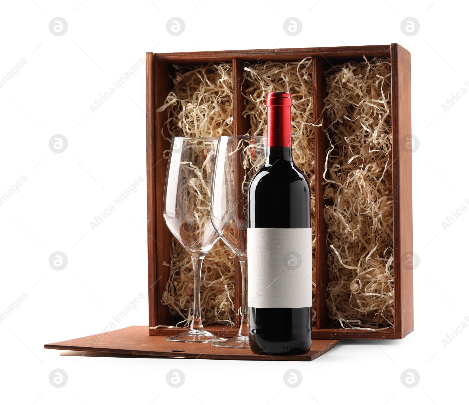 Photo of Wooden gift box, wine and glasses isolated on white
