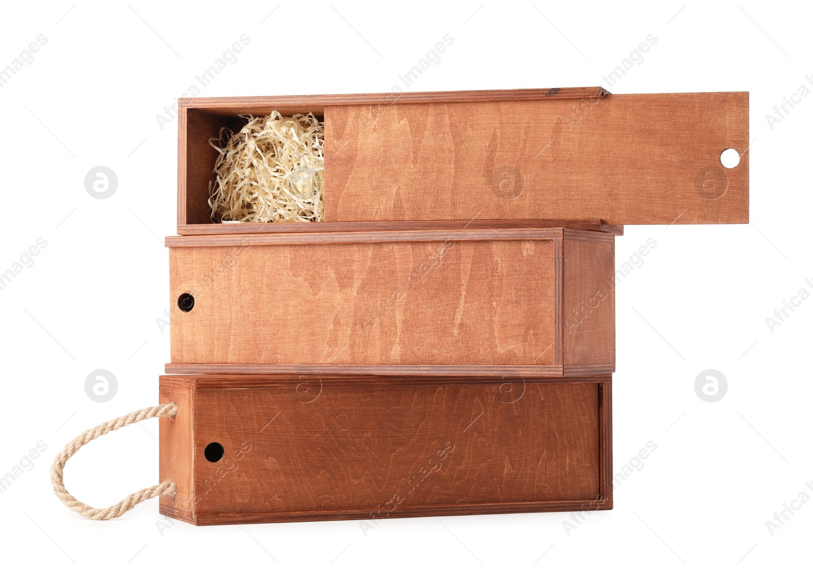 Photo of Open wooden wine boxes with straw isolated on white