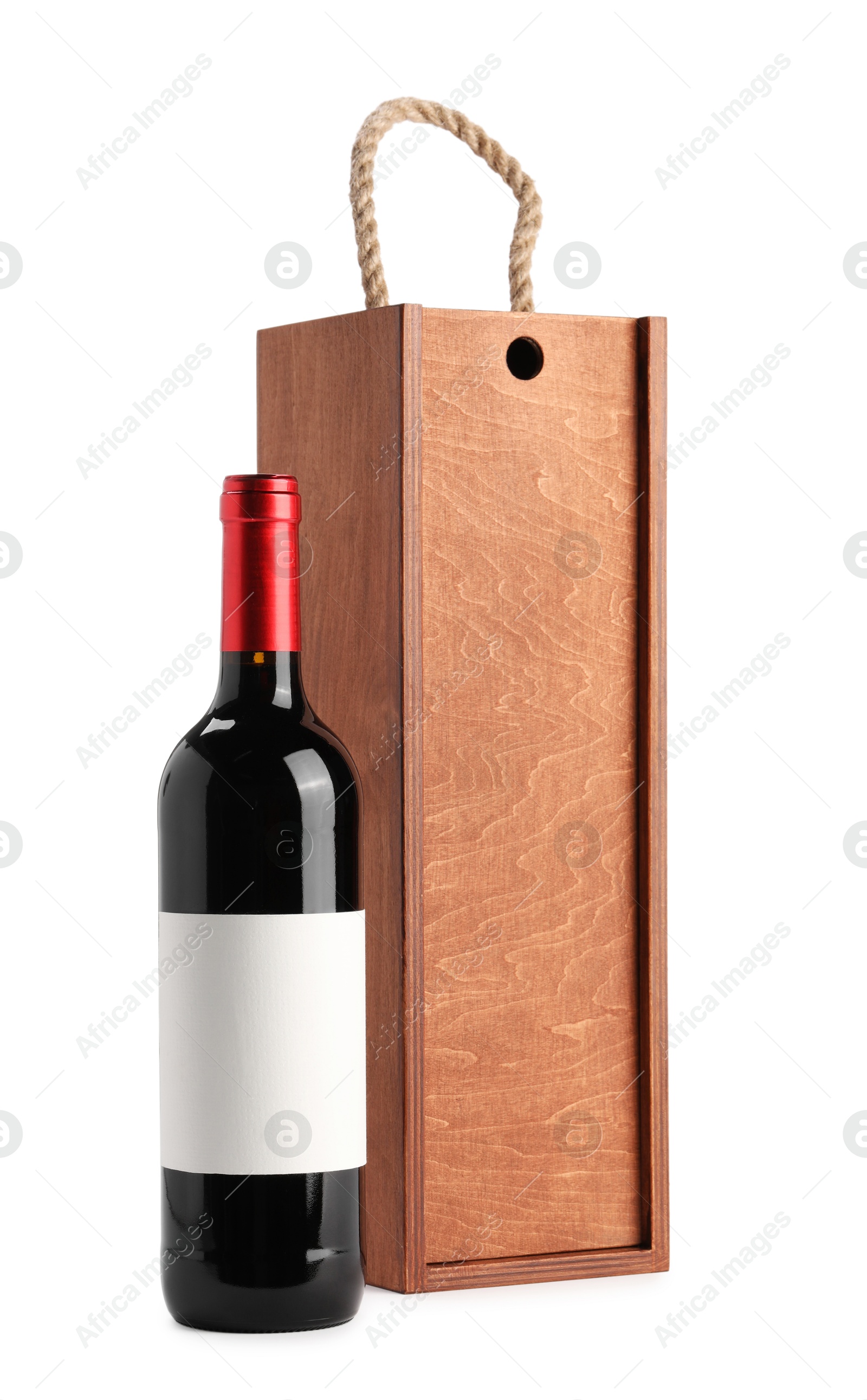 Photo of Wooden gift box with wine isolated on white