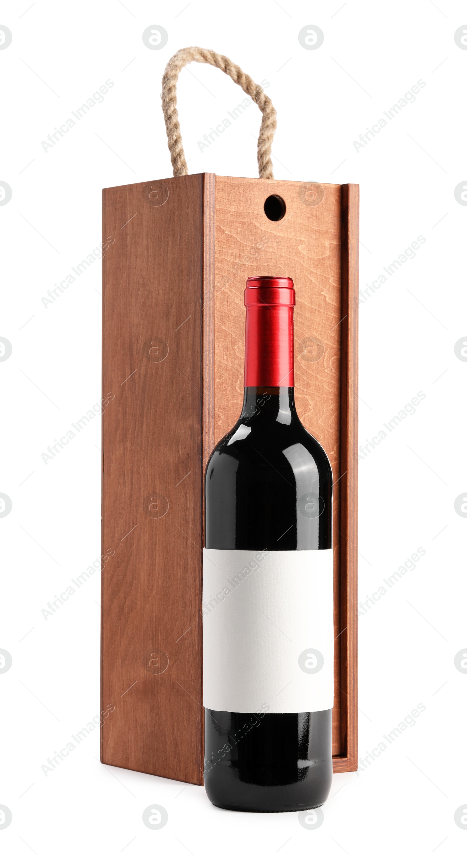 Photo of Wooden gift box with wine isolated on white