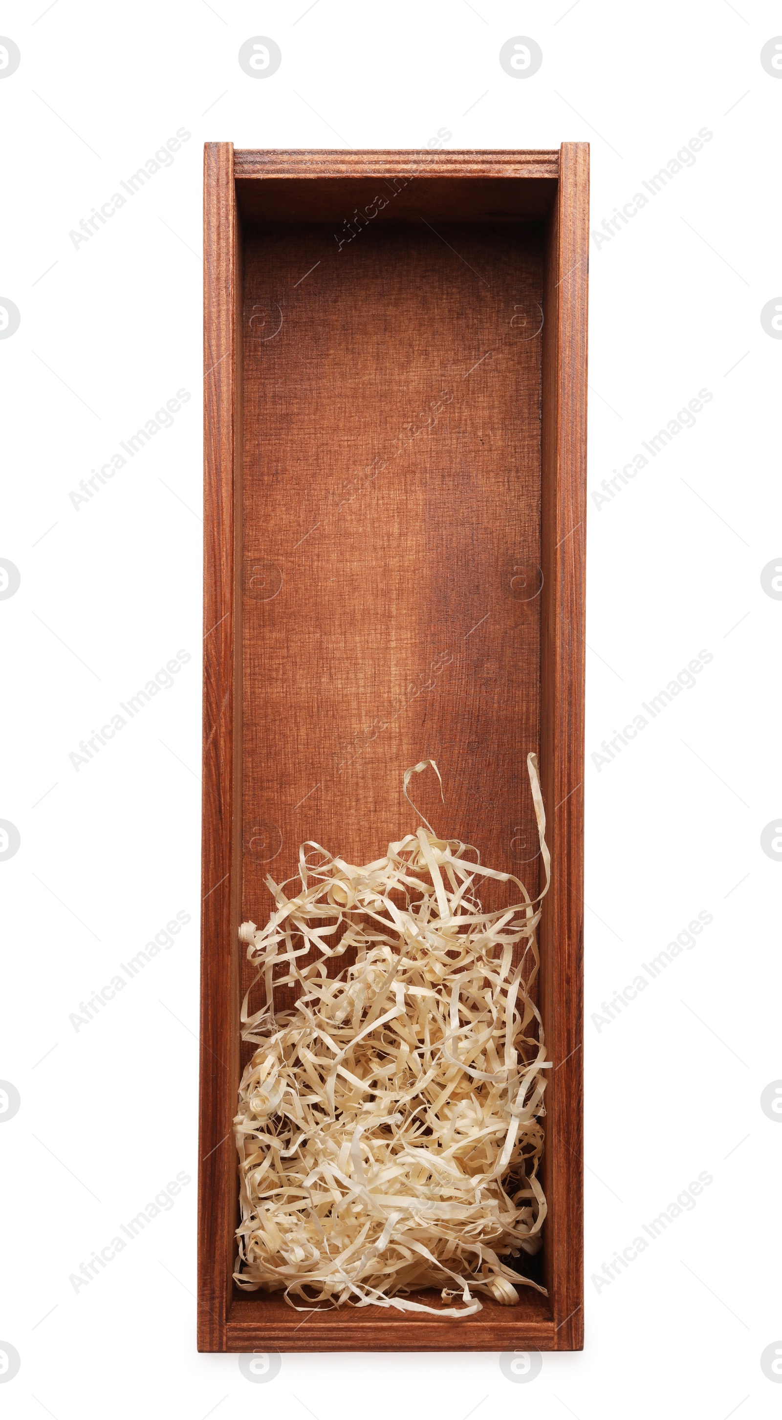 Photo of Open wooden wine box with straw isolated on white