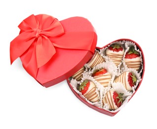 Heart shaped box with delicious chocolate covered strawberries isolated on white, top view