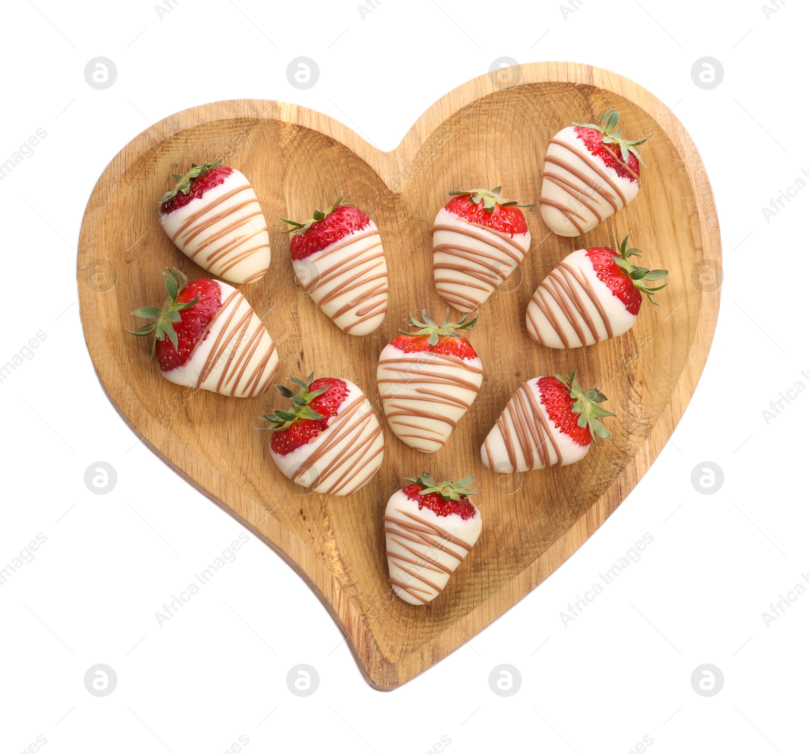 Photo of Heart shaped plate with delicious chocolate covered strawberries isolated on white, top view