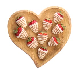 Heart shaped plate with delicious chocolate covered strawberries isolated on white, top view